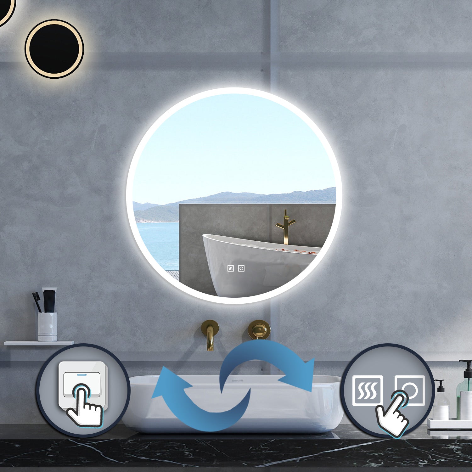 Specchio da bagno Rotondo con 70cm,3 colori,Memoria, Antifog,Regorabile,Retroilluminato,doppio interruttore,