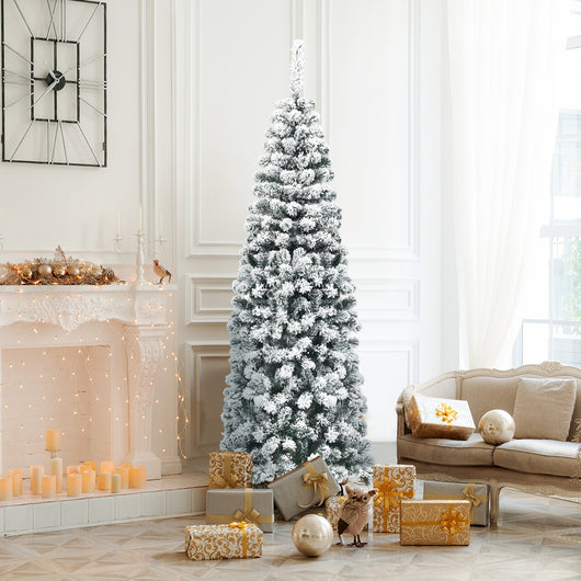 Albero di Natale slanciato 180 cm, Abete artificiale innevato con base flessibile e foglie spesse-Alberi di Natale