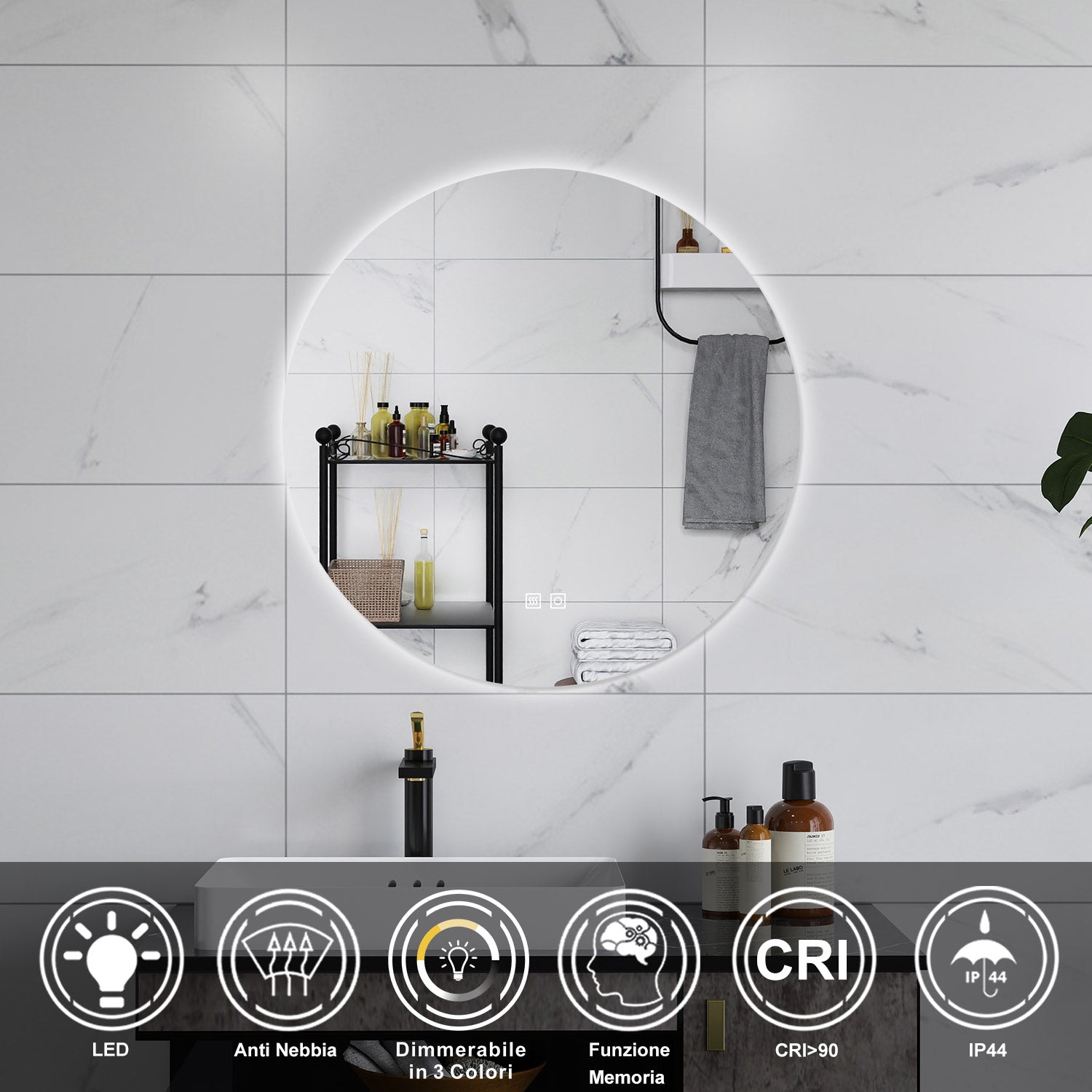 AICA Specchio da bagno 80 x 80 cm, 3 colori, antiappannamento, dimmerabile, interruttore touch, Funzione Memoria