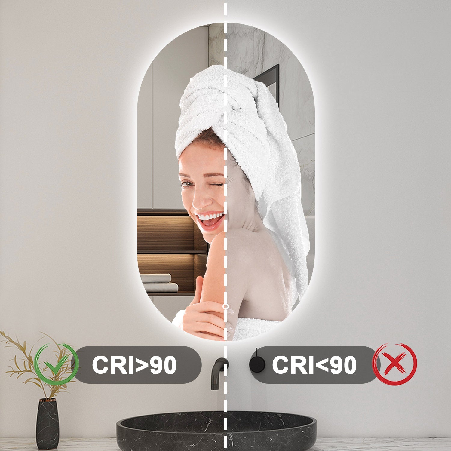 Specchio bagno ovale 60x100 cm con led. Dimmerabile + Touch Control + Bordo non sabbiato + IP44