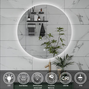 AICA Specchio da bagno 60 x 60 cm, antiappannamento, dimmerabile, interruttore touch, Funzione Memoria