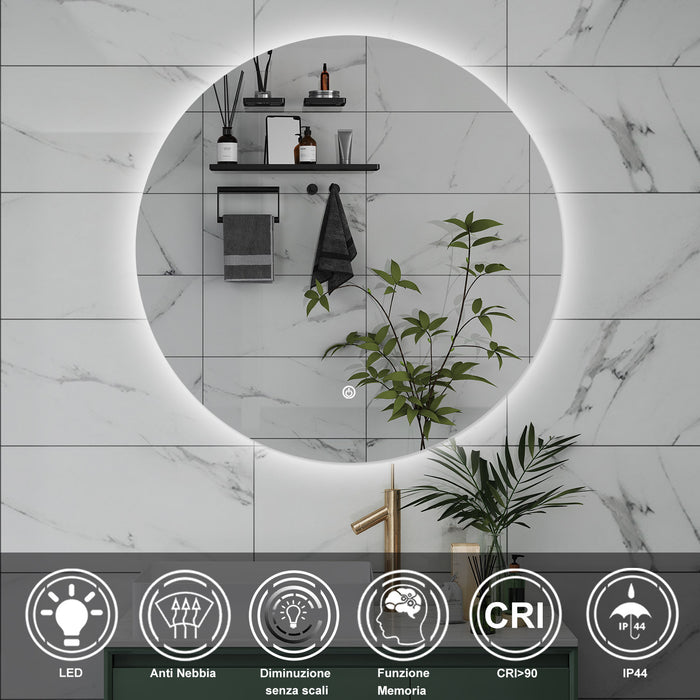 AICA Specchio da bagno 60 x 60 cm, antiappannamento, dimmerabile, interruttore touch, Funzione Memoria