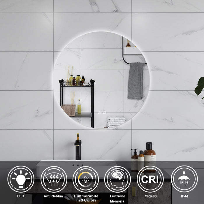AICA Specchio da bagno 60 x 60 cm, 3 colori, antiappannamento, dimmerabile, interruttore touch, Funzione Memoria