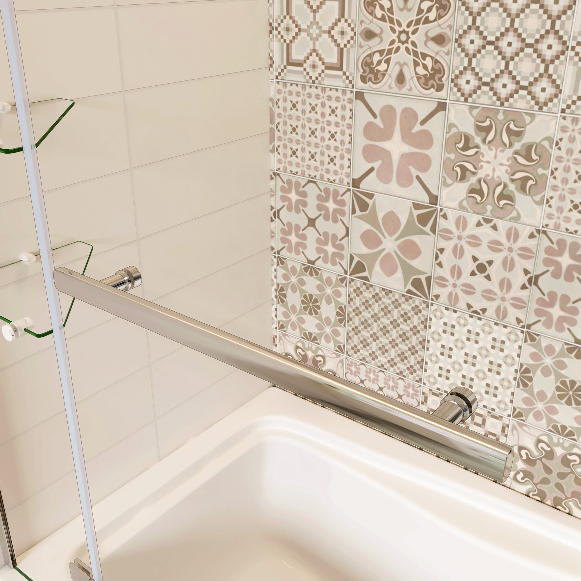 90x140 cm Sopravasca Parete Doccia Per Vasca Girevole Vetro Temperato 5 mm Trasparente Inclusi Due Ripiani Maniglia Portasciugamani Cromo Lucido