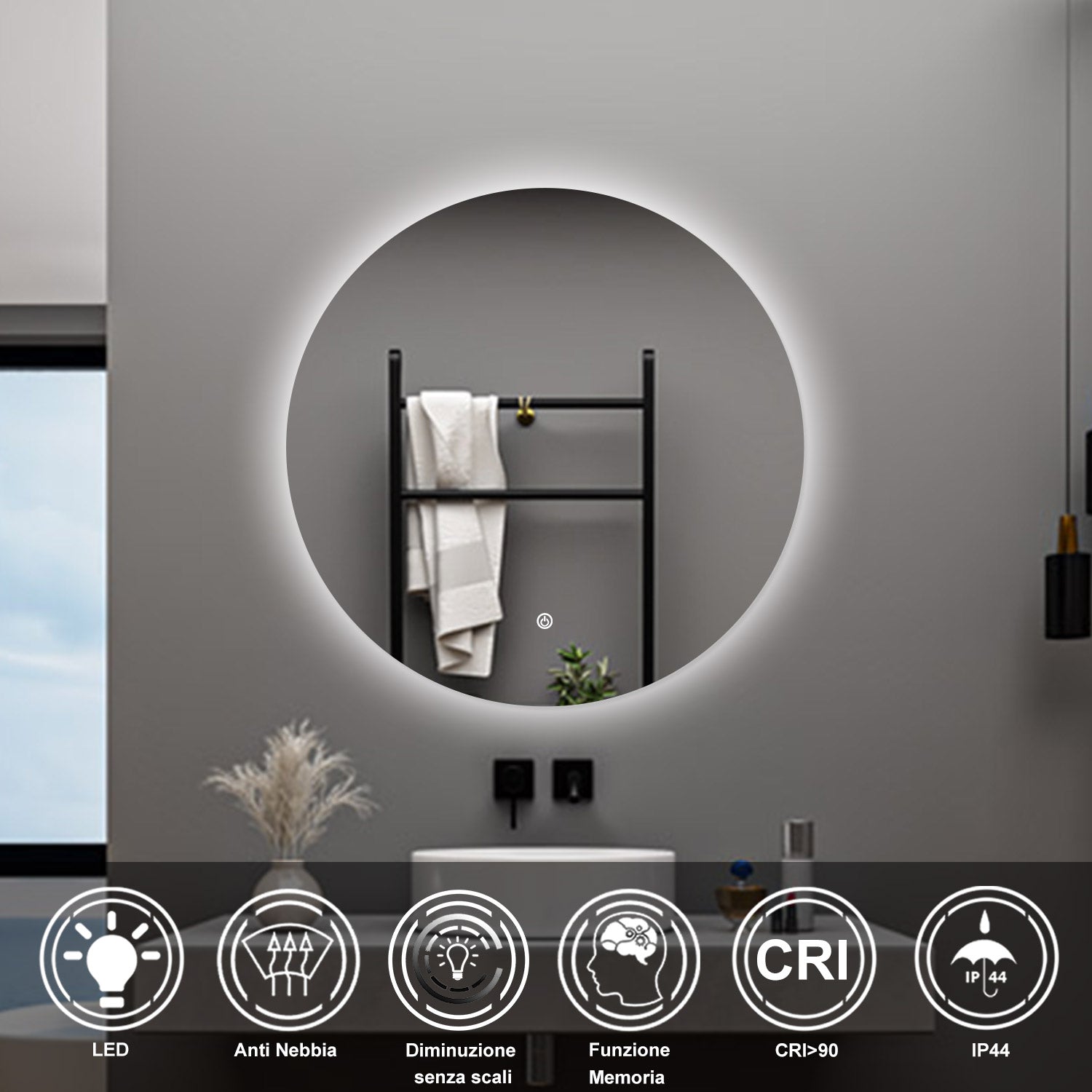 AICA Specchio da bagno 80 x 80 cm, antiappannamento, dimmerabile, interruttore touch, Funzione Memoria