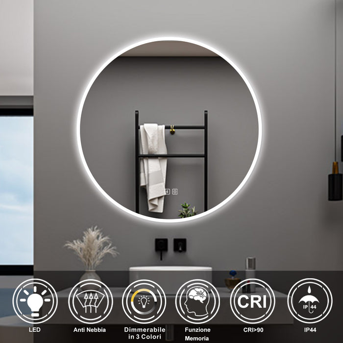 AICA Specchio da bagno 70 x 70 cm, blue tooth, 3 colori, antiappannamento, dimmerabile, interruttore touch, Funzione Memoria