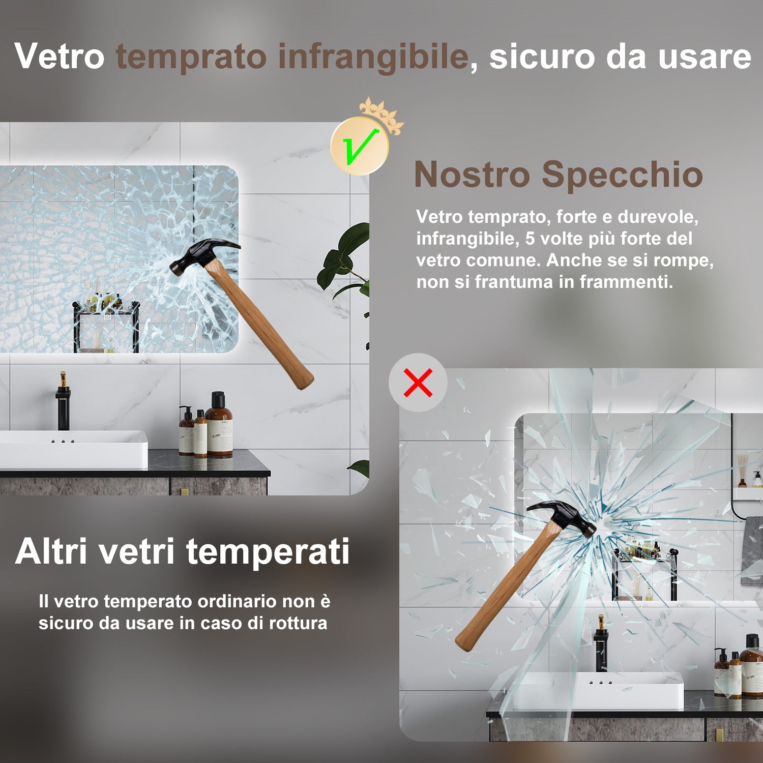 AICA Specchio da bagno 80 x 60 cm, dimmerabile, interruttore touch, Funzione Memoria