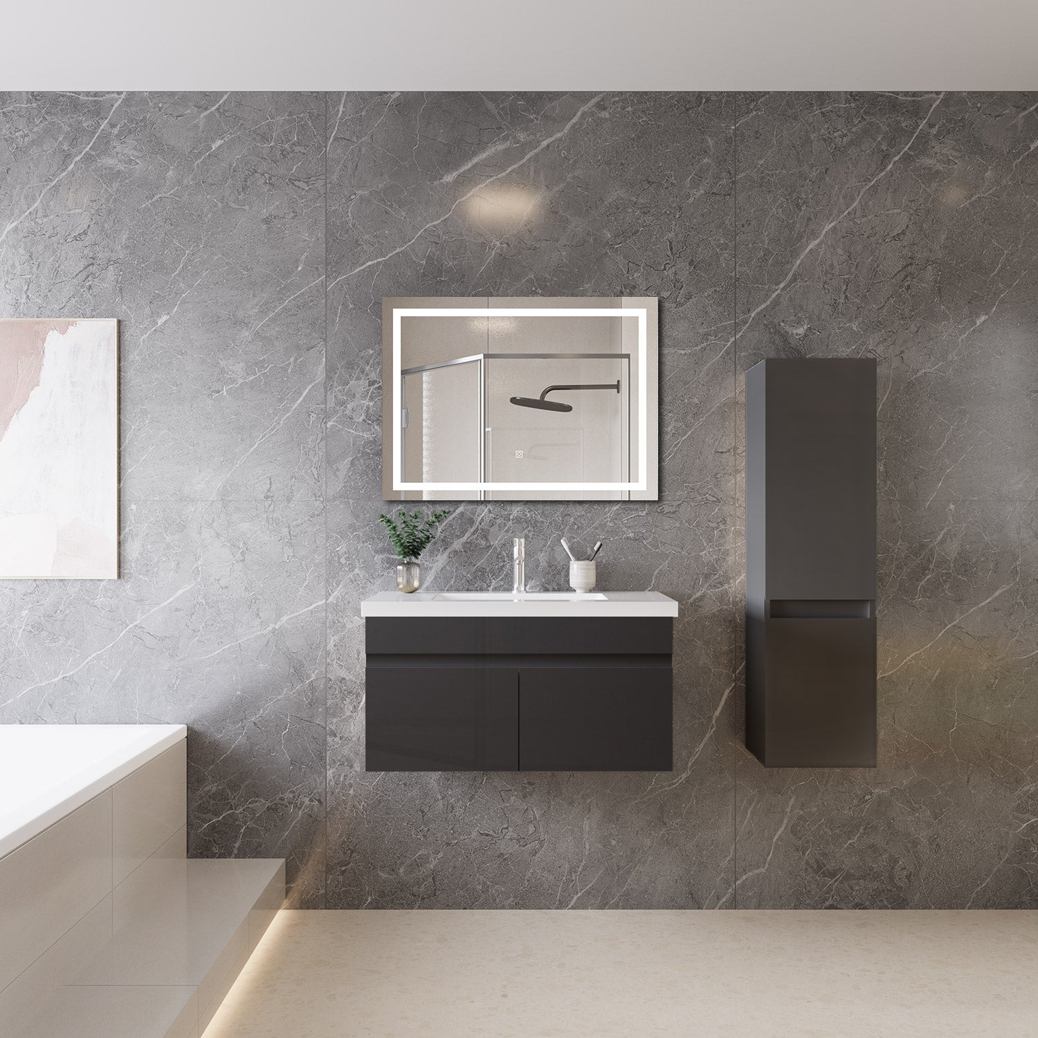 Mobile bagno sospeso con lavabo da incasso 79 cm,bianco, 2 ante.