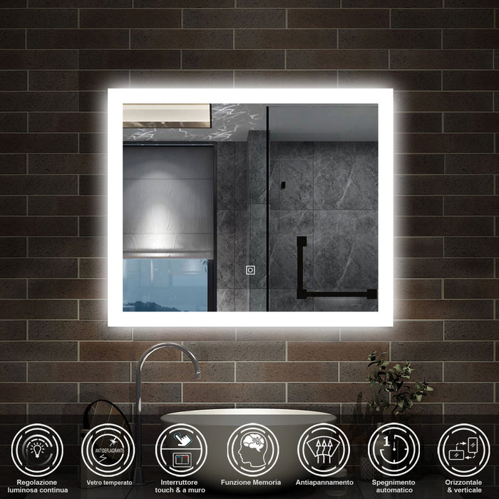100 x 60 cm,AICA Specchio da Bagno LED con Luce, memoria, antiappannamento,CRI>90,autospegnimento,interruttore touch
