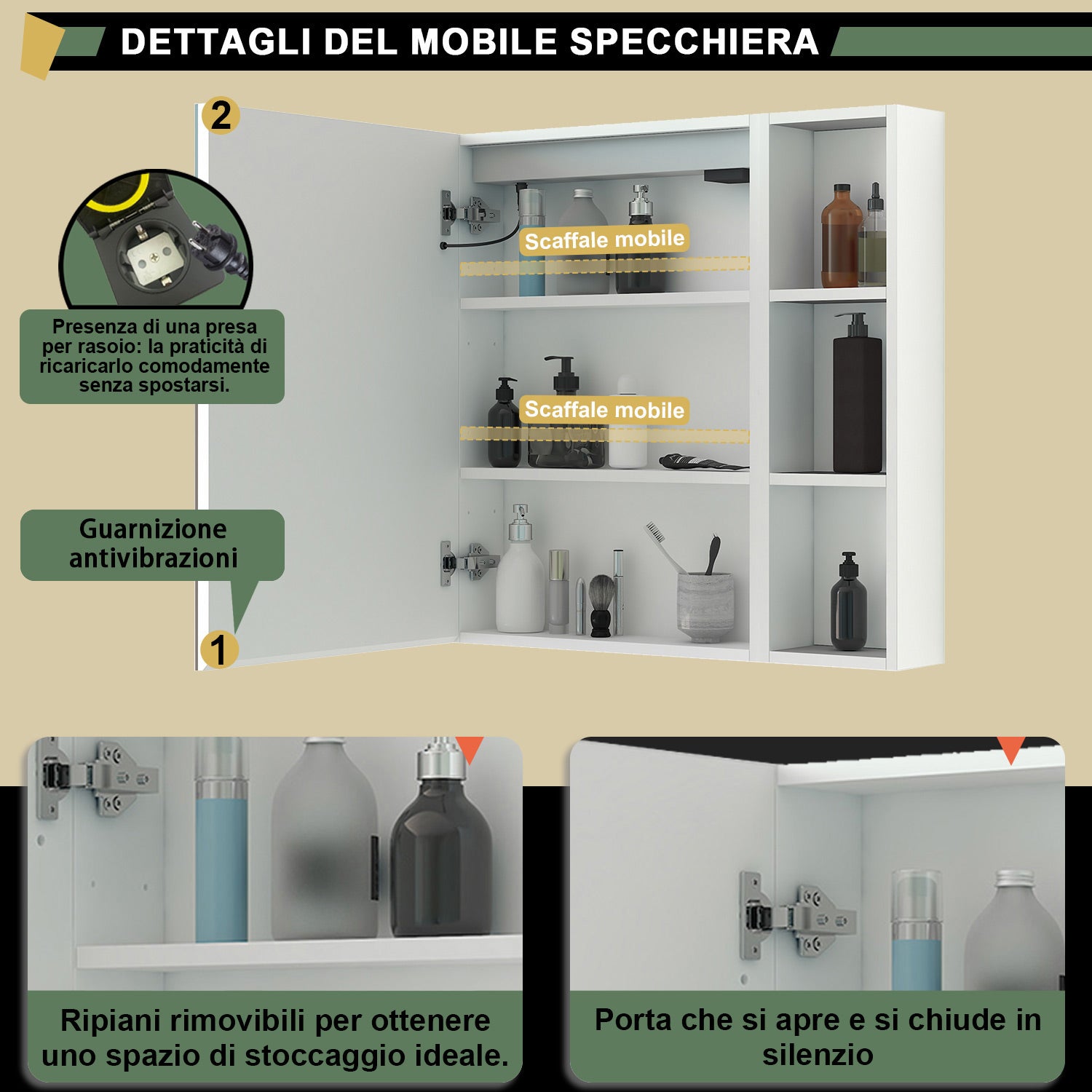 Mobiletto Specchiera Pensile da Bagno 50x70 cm, Bianco