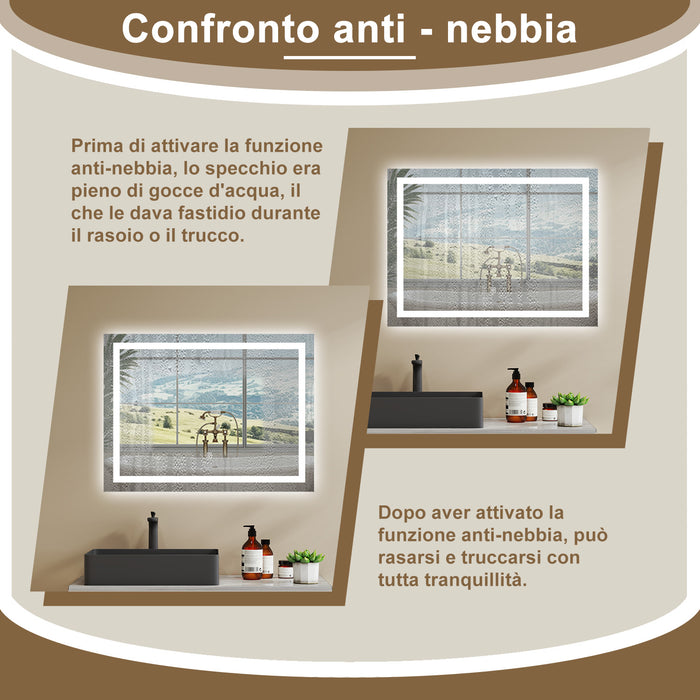 80¡Á60 cm Specchio da Bagno Rettangolare a LED Specchio da Toeletta Specchio da Parete, Luce Bianca 6000K, Anti-fog, Touch
