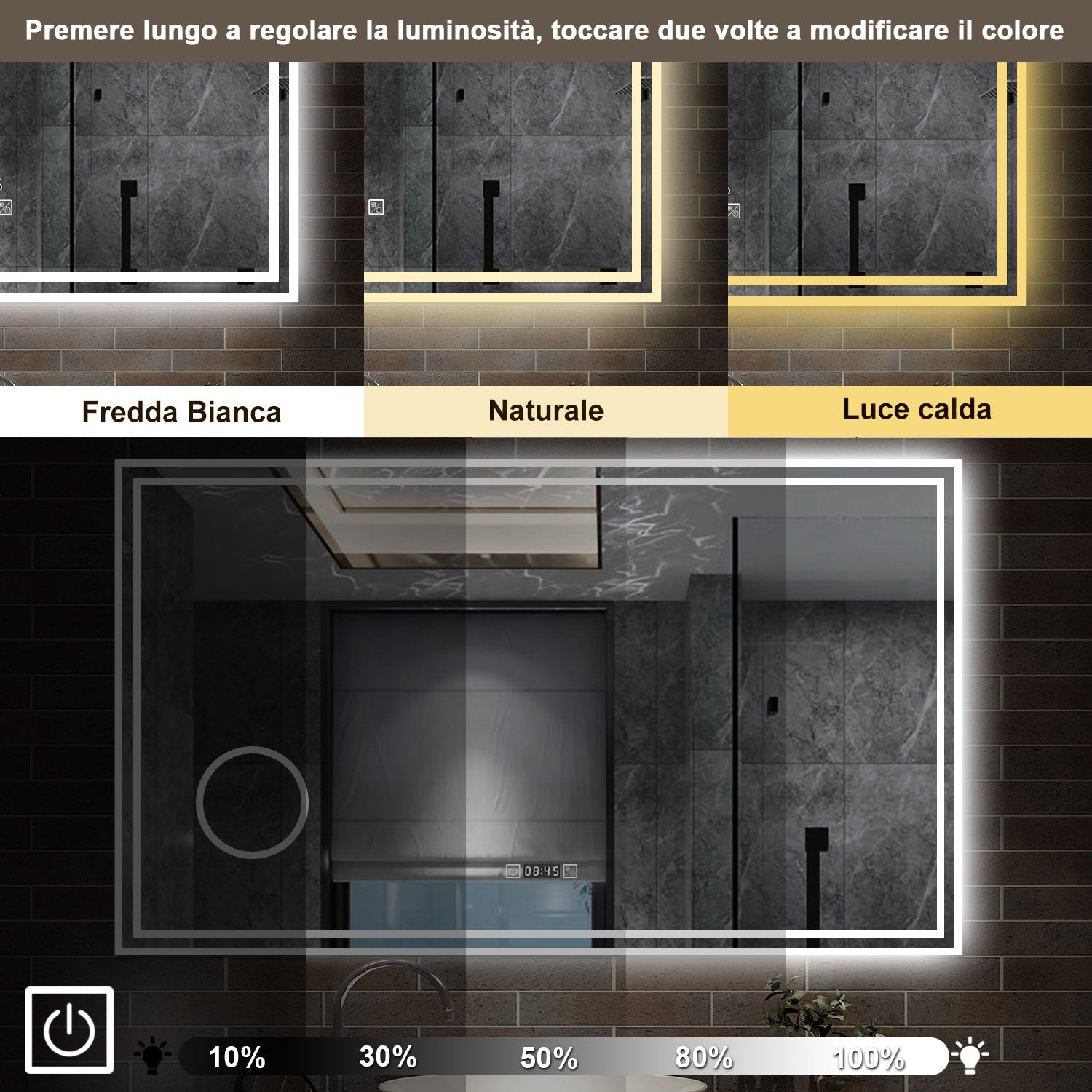 120 x 70 cm,AICA Specchio da Bagno LED con Luce, 3 Colori Regolabili,Ingrandimento, orologio,memoria, antiappannamento,CRI>90,autospegnimento