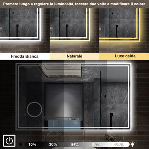 120 x 70 cm,AICA Specchio da Bagno LED con Luce, 3 Colori Regolabili,Ingrandimento, orologio,memoria, antiappannamento,CRI>90,autospegnimento