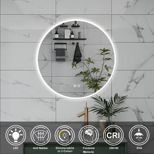 AICA Specchio da bagno 80 x 80 cm, 3 colori, antiappannamento, dimmerabile, interruttore touch, Funzione Memoria