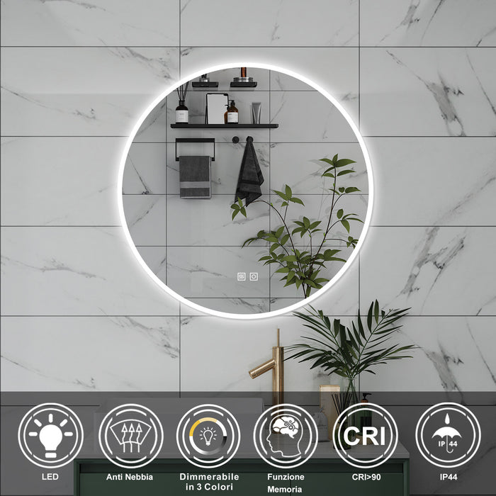 AICA Specchio da bagno 80 x 80 cm, 3 colori, antiappannamento, dimmerabile, interruttore touch, Funzione Memoria