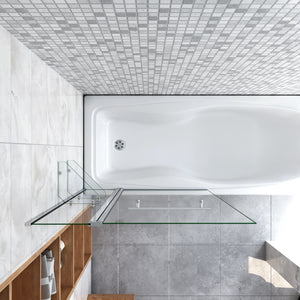 120x140 cm Parete Doccia Per Vasca Girevole 240° Vetro Temperato 6 mm Trasparente Inclusi Due Ripiani Maniglia Portasciugamani Telaio Cromo Lucido