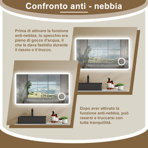 Aica 100x60cm Specchio da bagno Bluetooth antiappannamento, 3 colori dimmerabili, lente d'ingrandimento 3X