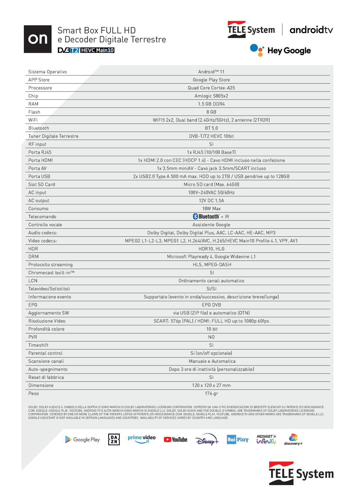 Telesystem Decoder Digitale Terrestre dvb-t2 Smart tv ON T2 HD 1080p Android 12 HEVC main 10 FHD 2 IN 1 Assistente Vocale Incorporato Tvbox android TV