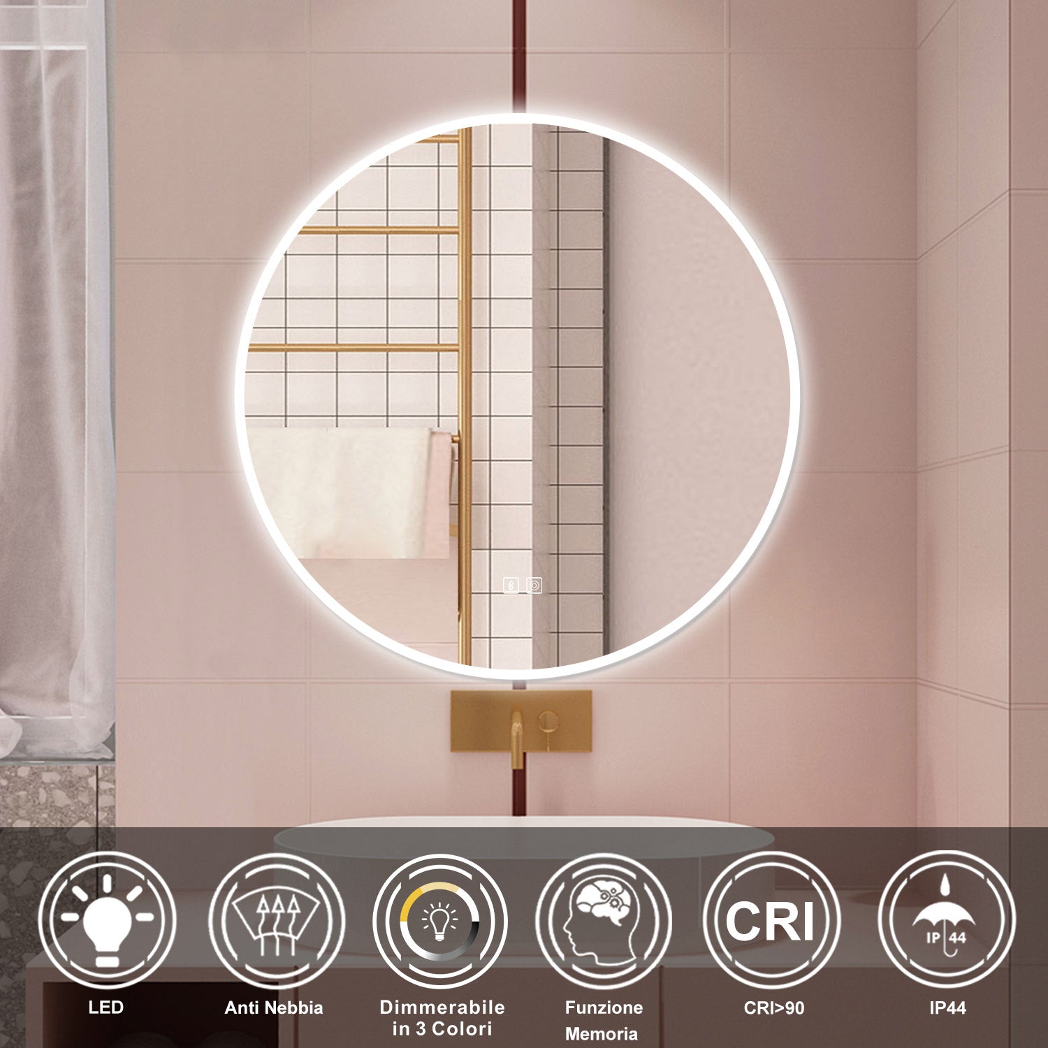 AICA Specchio da bagno 80 x 80 cm, blue tooth, 3 colori, antiappannamento, dimmerabile, interruttore touch, Funzione Memoria