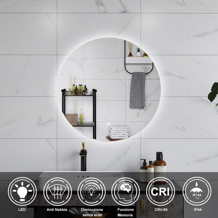 AICA Specchio da bagno 90 x 90 cm, antiappannamento, dimmerabile, interruttore touch, Funzione Memoria