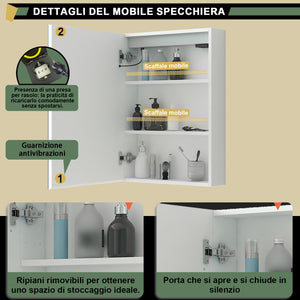 Mobiletto Specchiera Pensile da Bagno 50x70 cm, Bianco
