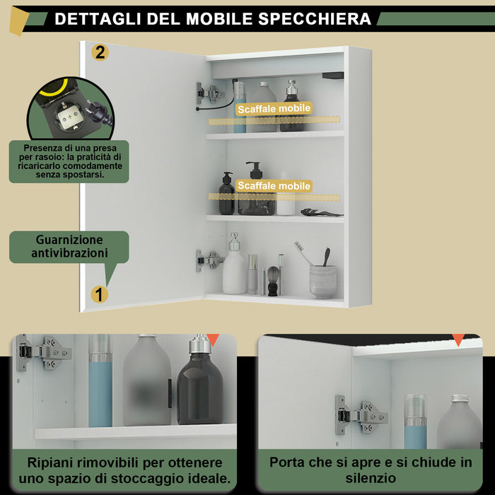Mobiletto Specchiera Pensile da Bagno 50x70 cm, Bianco