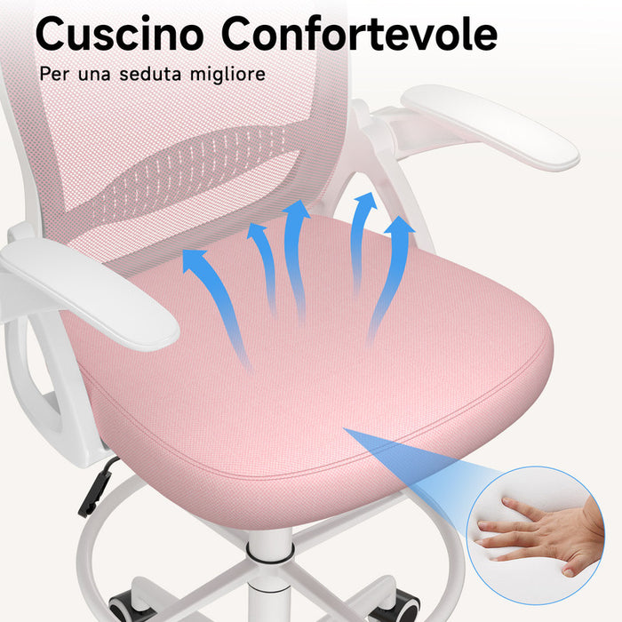 Sedia ufficio altezza alta - Mesh Drafting Chair - Altezza e Poggiapiedi Regolabili - braccioli regolabili - Capacità di Carico 120 kg - Rosa
