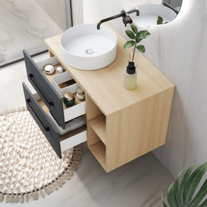 Mobile bagno a due cassetti 79cm senza lavabo, sospeso, finitura rovere, con ripiani aperti