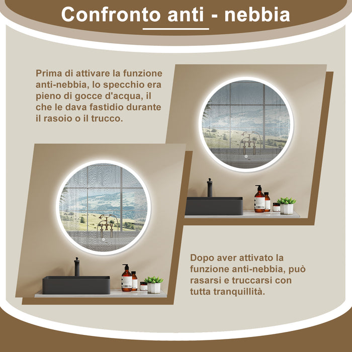 AICA SPECCHIO DA BAGNO ROTONDO CON LED 70 x 70 cm, antiappannamento, interruttore a sfioramento
