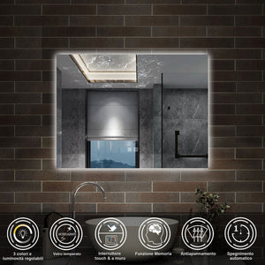 specchio rettangolare 80 x 60 cm con luce led a 3 colori, antiappannamento e touch
