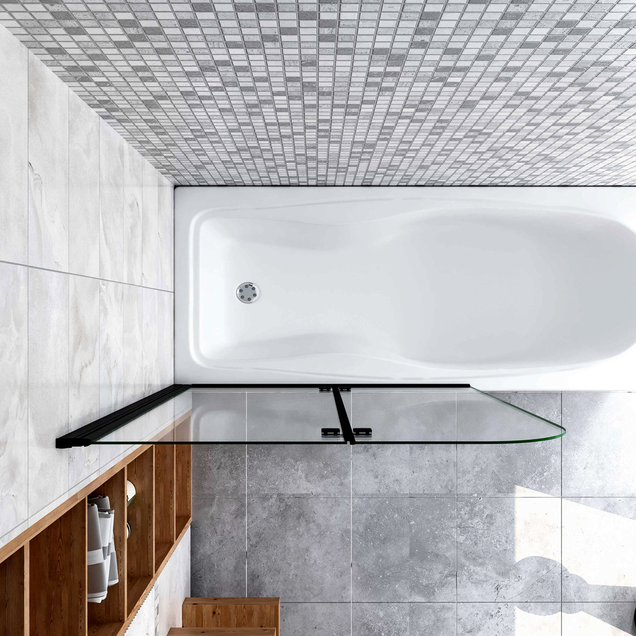 Sopravasca da Bagno Parete Vasca Doccia 100x140 cm Due Ante Movibili Vetro Temperato Trasparente 6 mm Anticalcare Telaio Nero Opaco