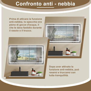 AICA Specchio Da Bagno Rettangolare Da 120x80cm con LED, Antiappannamento, 3 Temperature Colore