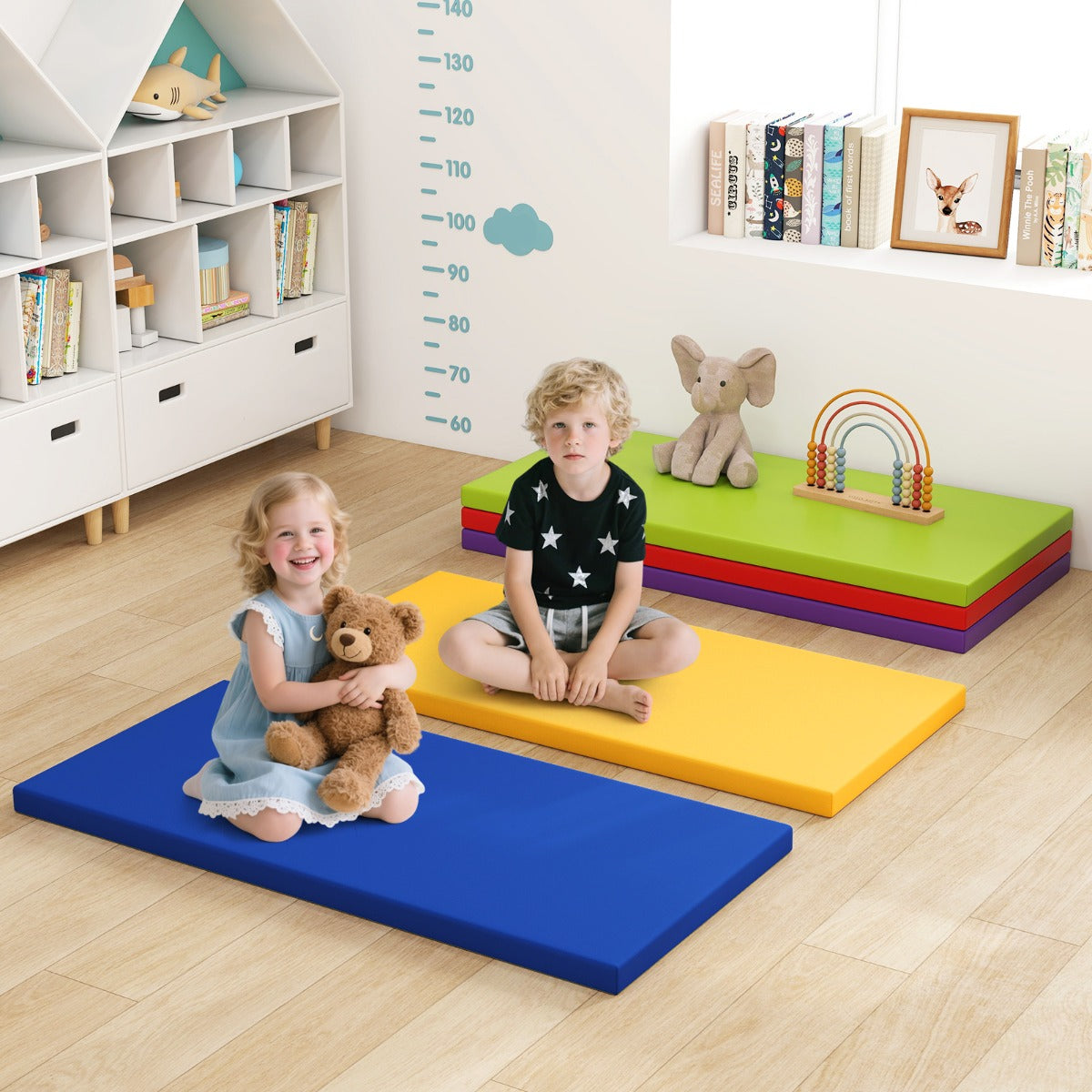 Materassini per riposo da pavimento per pisolini con spugna per asilo, Materassini portatili con coperture in finta pelle-Tappetini da gioco