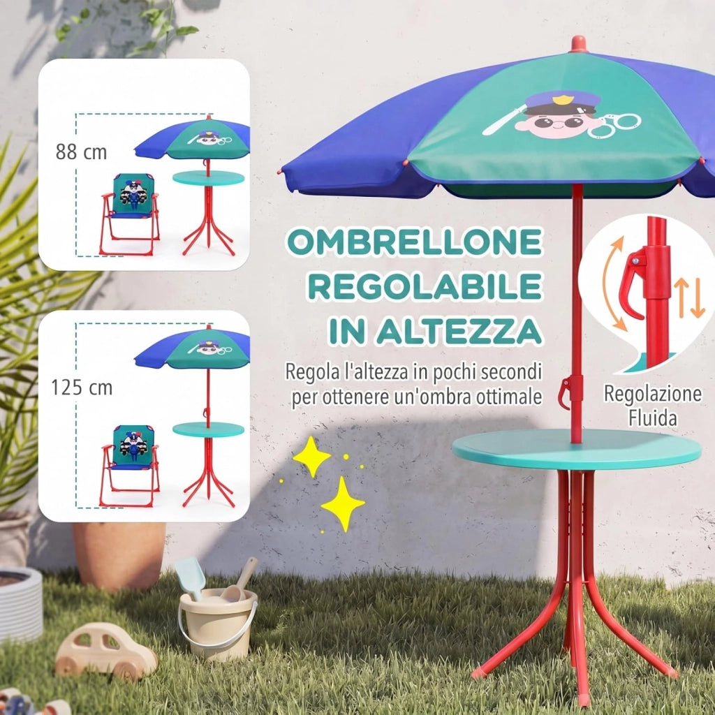 Set Tavolo e Sedie da Giardino per Bambini 3+ Anni con Ombrellone | Set da Esterno 4 Peezi Regolabile in Altezza con Tavolino Rotondo, 2 Sedie Pieghevoli e Ombrellone per Campeggio e Picnic