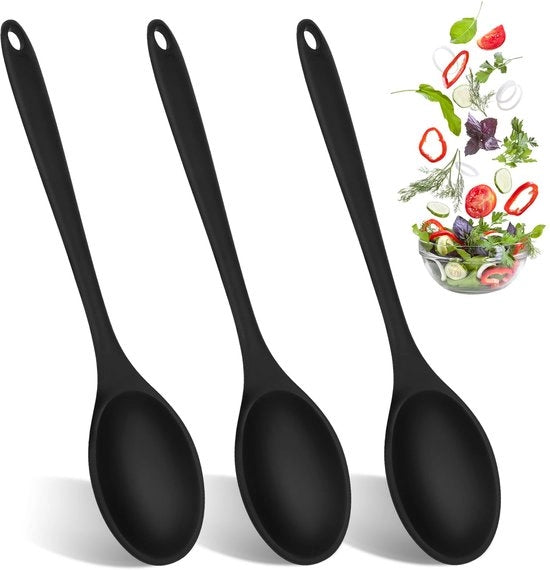 Pacchetto di 3 cucchiai da cucina in silicone, cucchiai da cucina antifriabili, cucchiai da roer in silicone per cucina, cottura, cottura in forno, mescolare, resistente al calore (nero)
