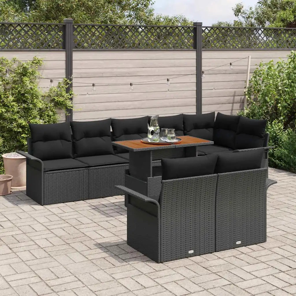 Set Divano da Giardino con cuscino 9 pcs Nero polyrattan