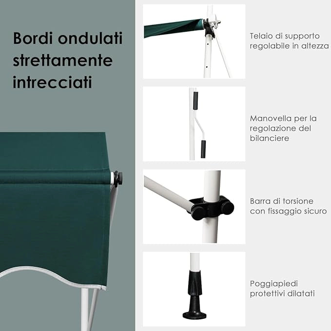 Tenda da Sole per Esterno, Tenda da Sole a Morsetto per Balcone con Struttura Telescopica e Tessuto Resistene ai Raggi Solari, Regolabile in Altezza e in Angolazione (350 cm,Verde)
