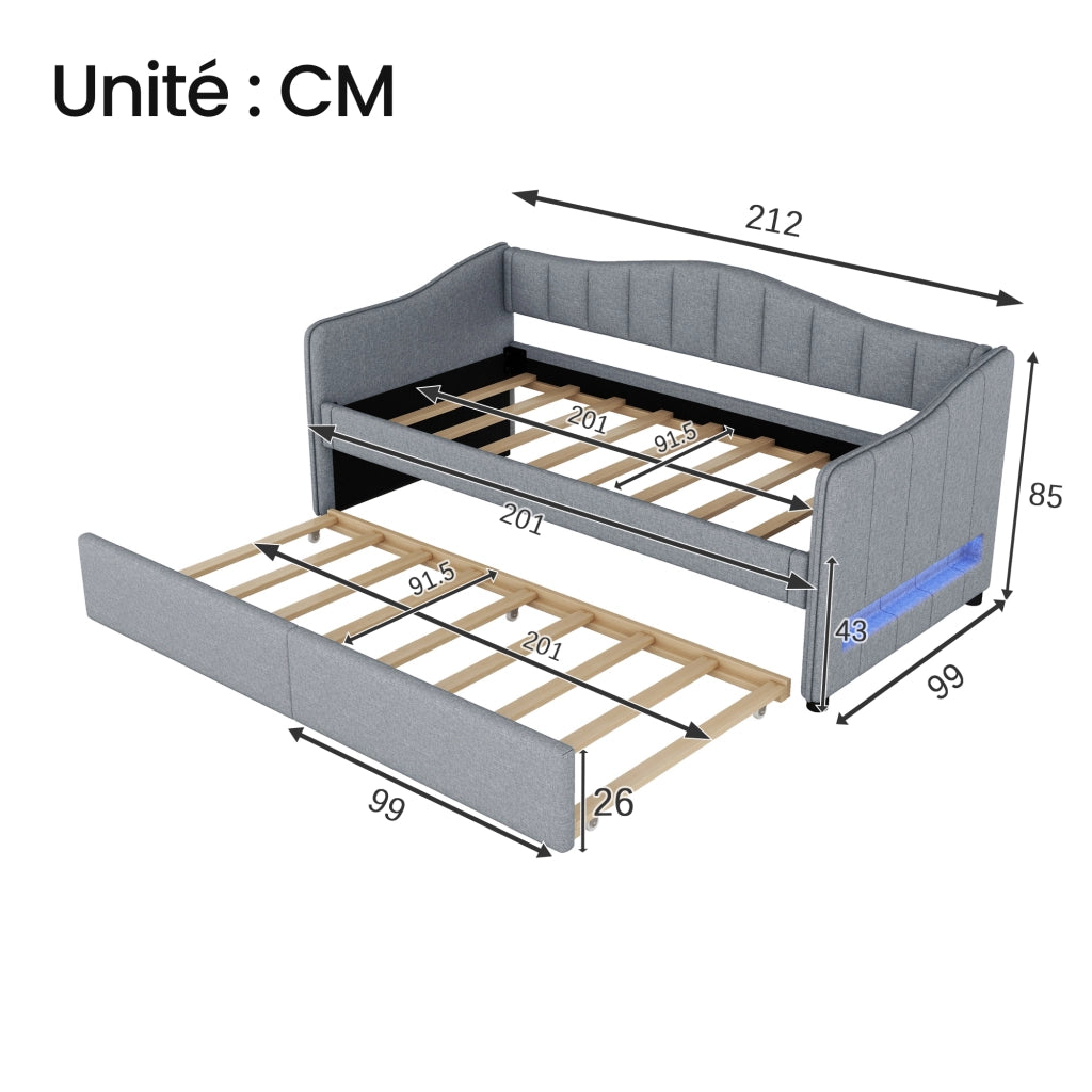 OKWISH Letto a Divano 90×200 cm, Letto Singolo con Letto Estraibile, LED Regolabile, senza Materasso, in Lino e MDF, Grigio