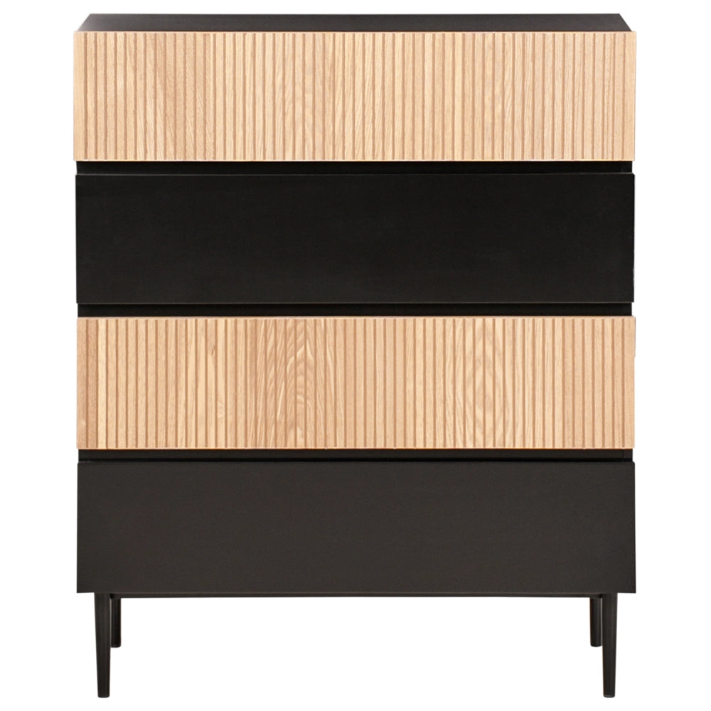 Cassettiera a 4 cassetti in legno di frassino naturale MDF nero a coste Soggiorno Camera da letto Moderna Stoccaggio