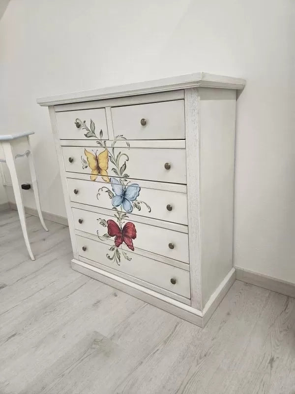 Cassettiera 6 cassetti in legno shabby bianco anticato decori farfalla 86x40x96 - Mobili 2G