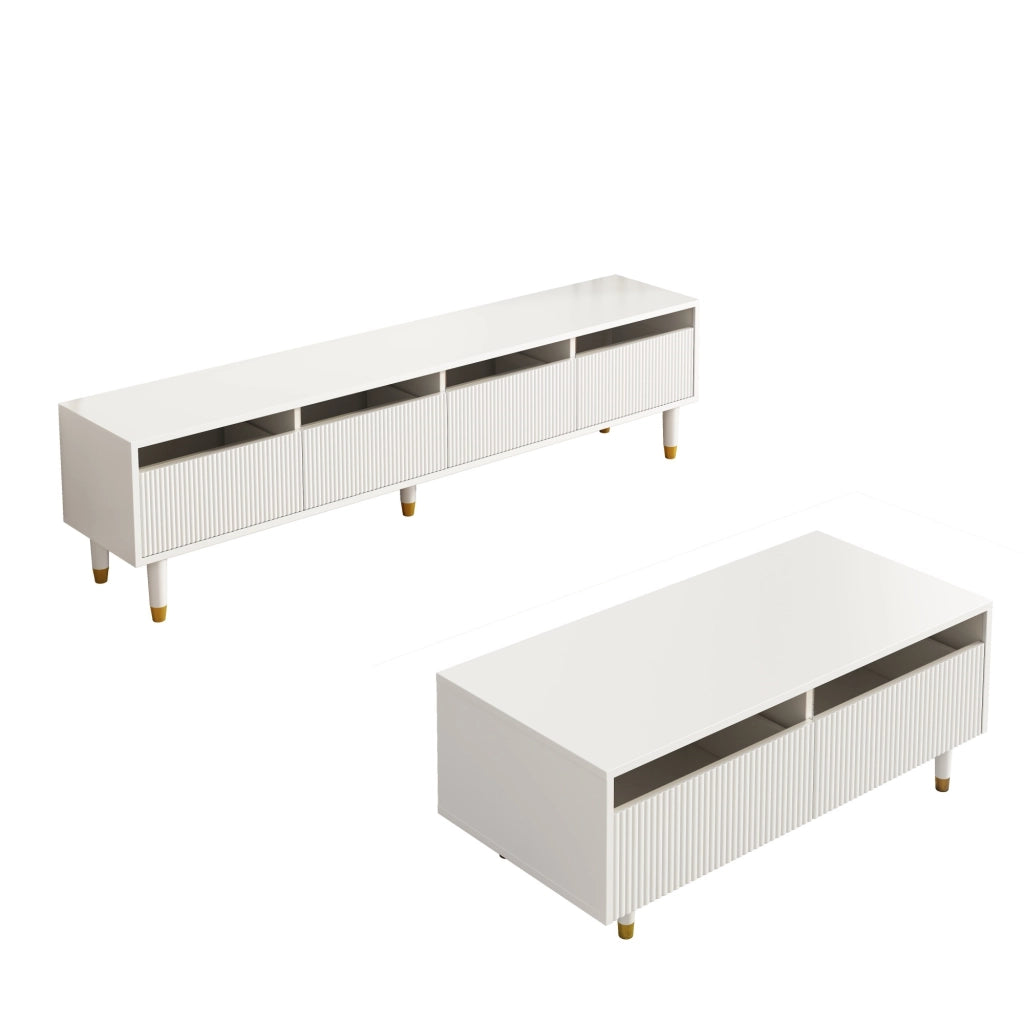 Set soggiorno moderno con mobile TV a 4 ante e tavolino con 2 cassetti, LED 7 colori, MDF bianco