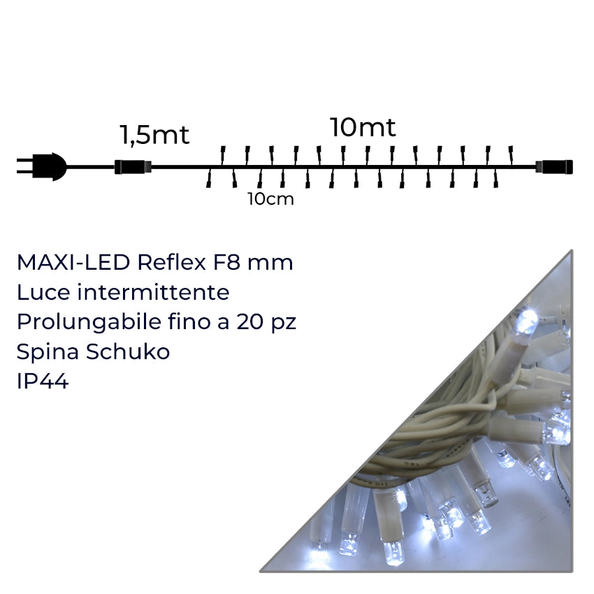 CATENA LUMINOSA PROFESSIONALE 100 MAXI-LED F8 CAVO BIANCO LUCE BIANCA INTERMITTENTE - PERFETTA PER DECORAZIONI INTERNE ED ESTERNE