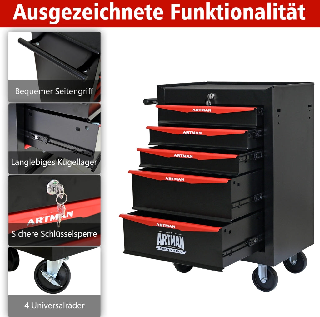 Carrello portattrezzi in acciaio con 5 cassetti e ruote bloccabili, 60x33x77,5 cm, nero e rosso