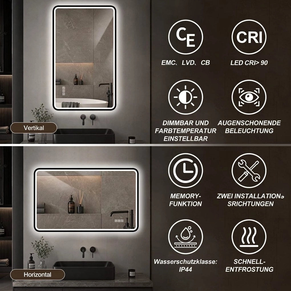 Specchio bagno LED nero con antiappannamento e luce regolabile
