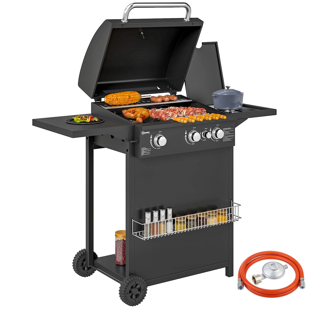 Barbecue a Gas con Bruciatori Indipendenti, Coperchio con Termometro e Tavolino Laterale, Nero