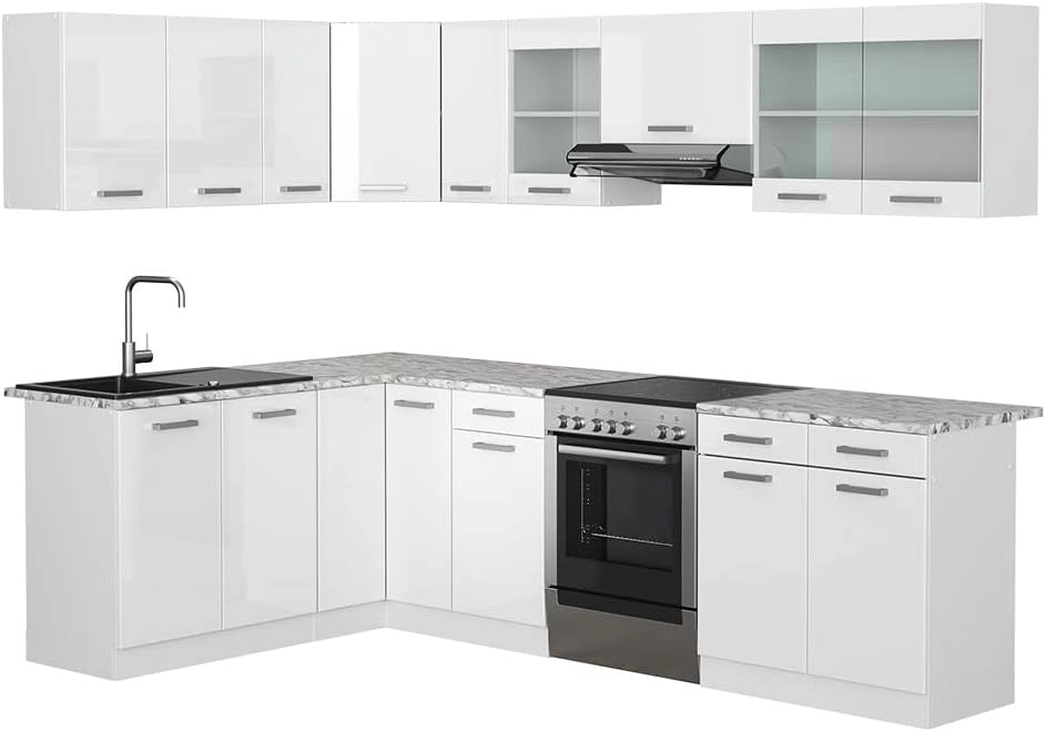 Cucina ad angolo Rick, Bianco lucido/bianco, 270 x 60 cm, PL Marmo, con moduli combinabili in modo variabile e piedi regolabili in altezza