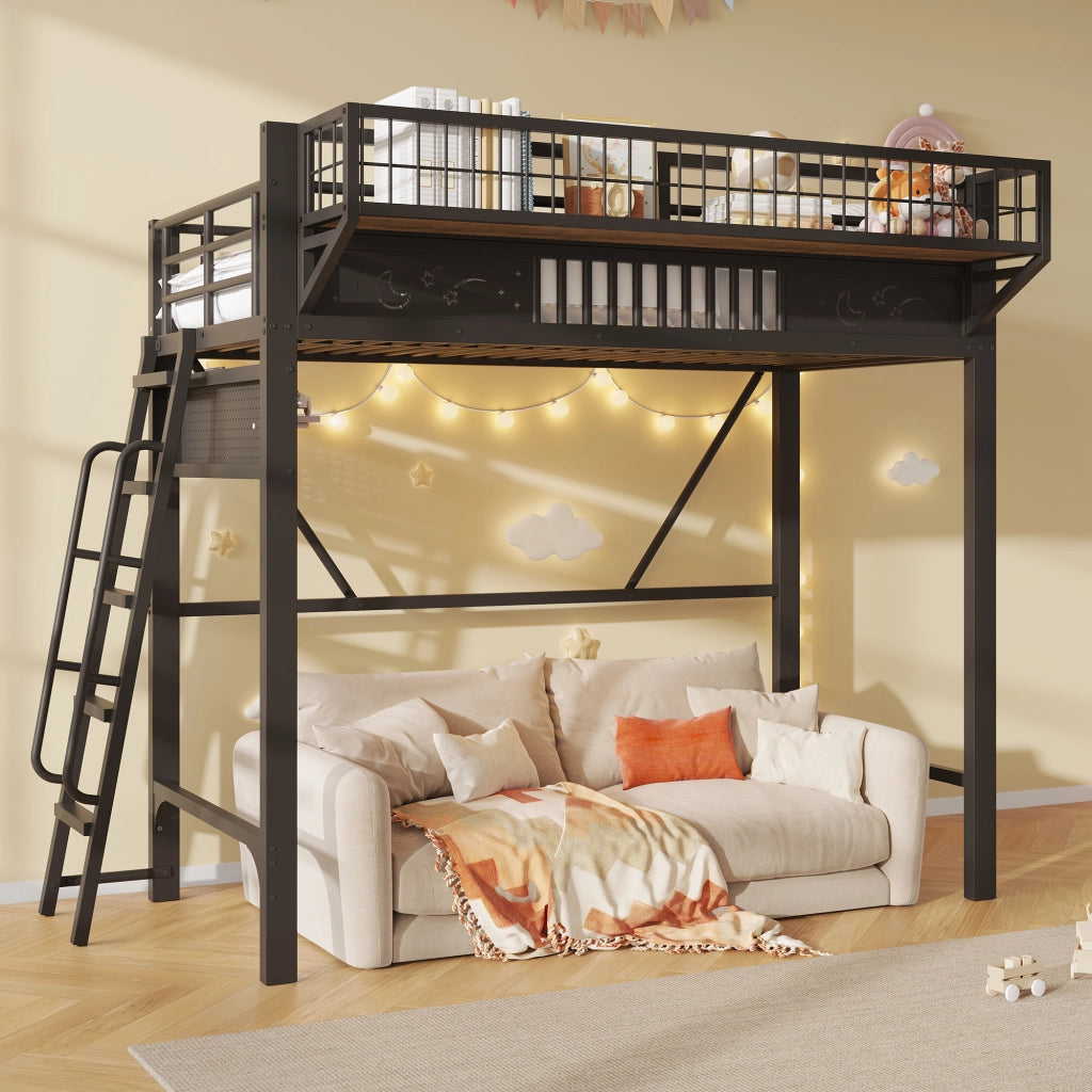 Letto a soppalco 90x200 cm per 2 persone, letto alto con ripiani portaoggetti e spazio aperto sottostante, metallo nero