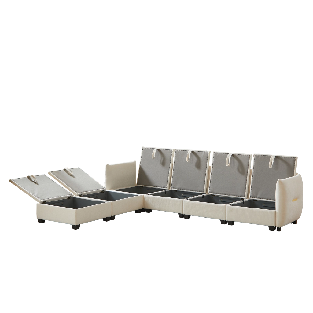 Divano U Modulare con Contenitore ¨C MINIMAL ¨C Velluto Chenille, Cuscini, Braccioli, Legno Massello