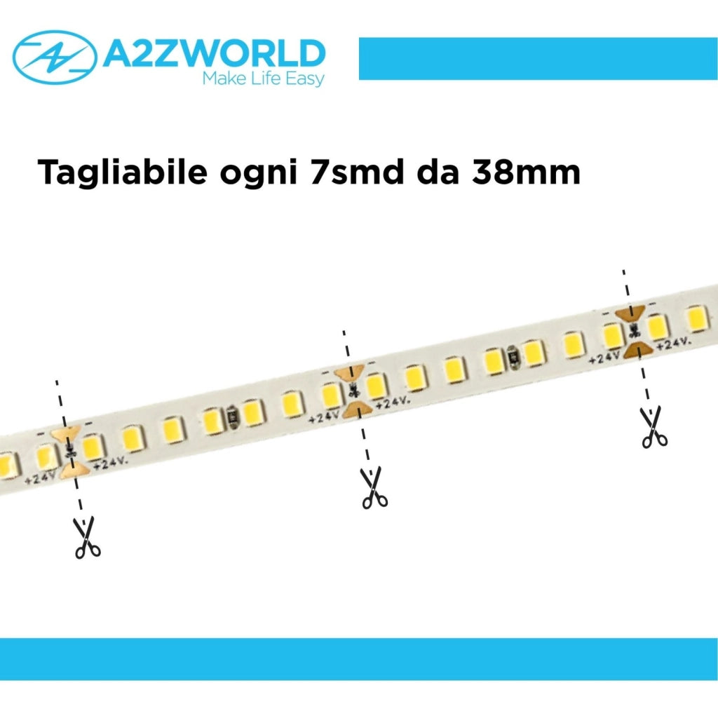 24V Striscia Led SMD Da 10 Metri, 16W/M 135lm/W 182SMD/M, Bianco Neutro 4000K, Larga 8mm, Dimmerabile PWM, Tagliabile ogni 7smd da 38mm, IP20, CRI>80