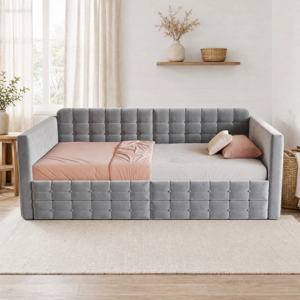 Letto imbottito 90x190 cm grigio con contenitore, tasche laterali, 2 cassetti e rete a doghe